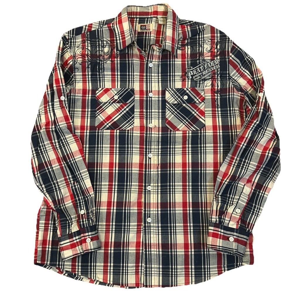 Phat Farm Plaid Blue Red Men's Large Button Up Long Sleeve‎